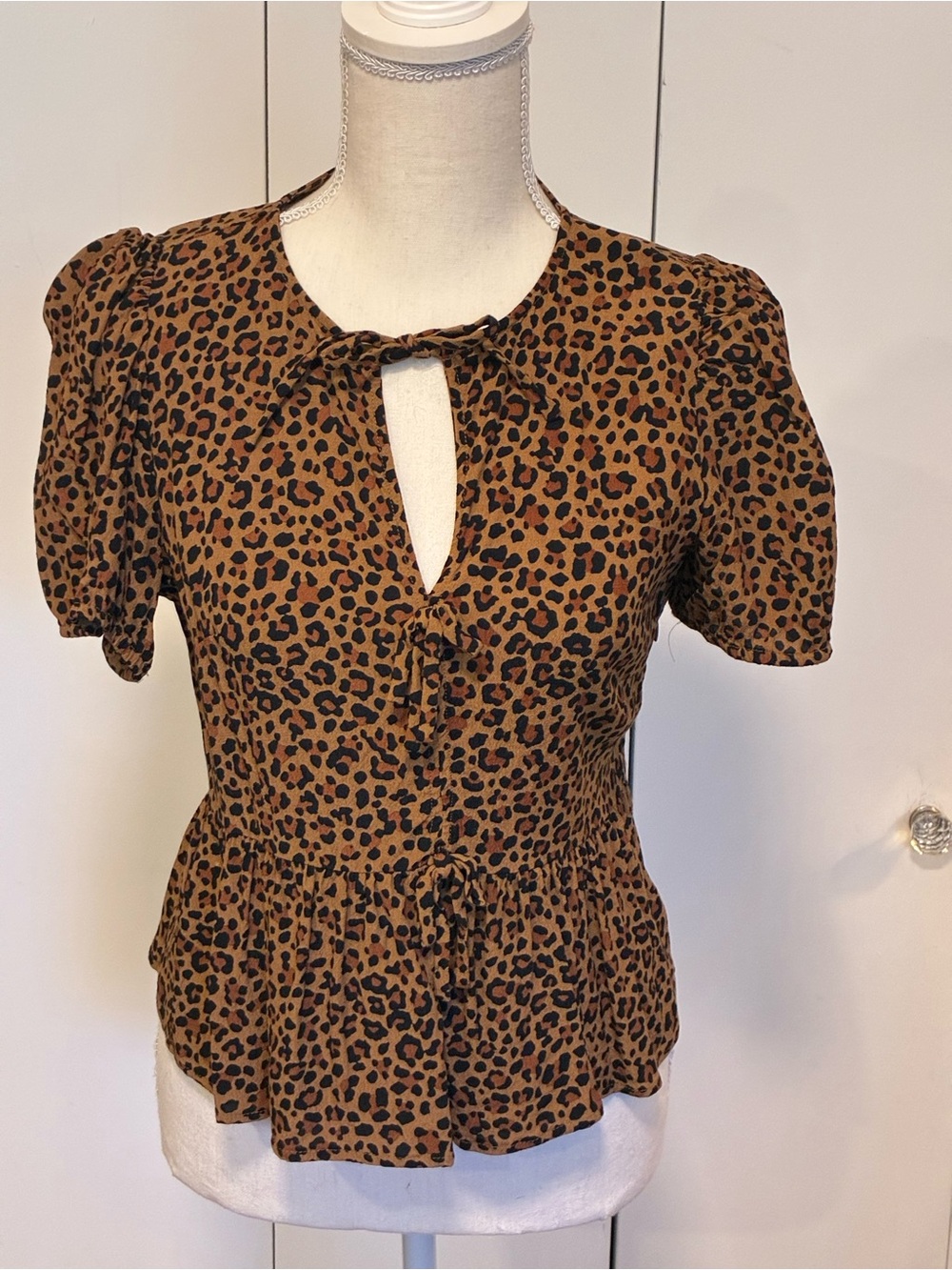 J. Crew Brown and Black Leopard Tie-Keyhole Peplum Blouse